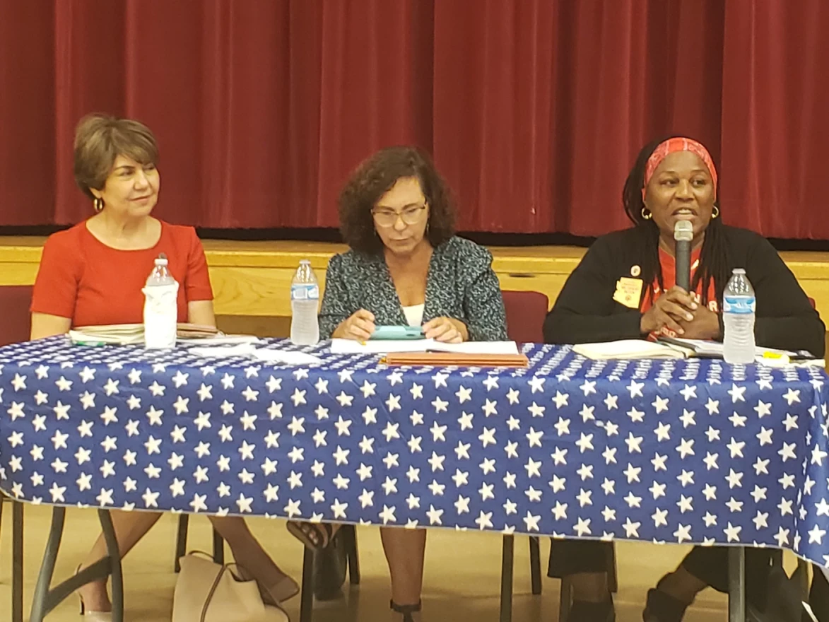 Arizona state Representative Dr. Gerae Peten, right, speaks during a legislative town hall at the Cesar Chavez Cultural Center in San Luis, Ariz. on Tuesday, July 30, 2019. State Rep. Charlene Fernandez and State Sen. Lisa Otondo are also shown.